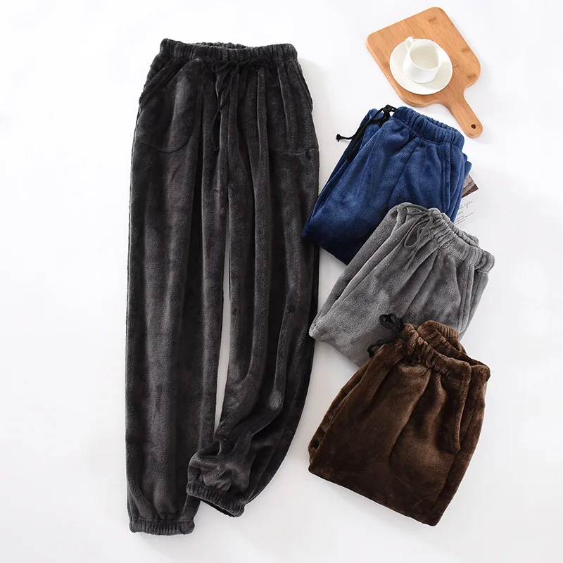 Image of Japanese style new men's home pants thick flannel warm pants autumn and winter large size coral fleece trousers pajama pants