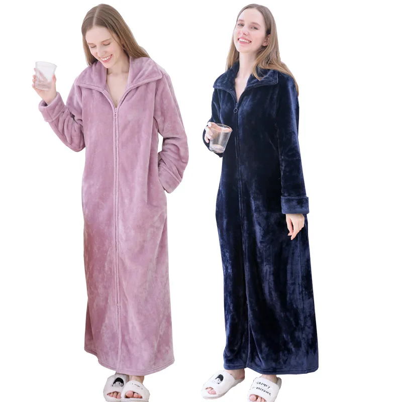 Bild von Ultra-langer warmer Bademantel für Damen & Herren – Plus-Size Flanell Morgenmantel mit Reißverschluss