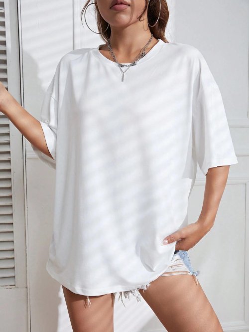 Zdjęcie Luźne, jednokolorowe koszulki z krótkim rękawem dla kobiet – miękkie, oddychające i wygodne ubrania fitness do codziennego noszenia