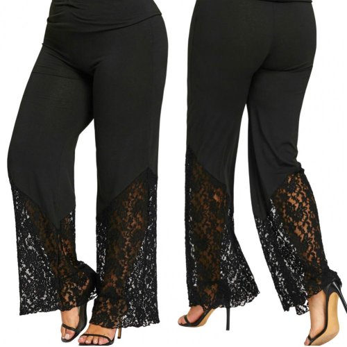Immagine di Pantaloni da donna con ricamo floreale a gamba larga Pantaloni estivi patchwork in pizzo trasparente allentato a vita alta Vintage femminile