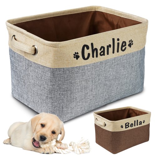 Imagen de Cesta de Almacenamiento para Juguetes de Perro Personalizada con Bolsa de Lona Plegable y Caja de Lino – Organizador Práctico para Mascotas
