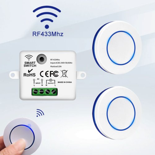 Wireless RF 433MHz Smart Light Switch with 10A Relay – Mini Round Wall Panel Remote Control for LED Lamps (110V/220V Compatible)