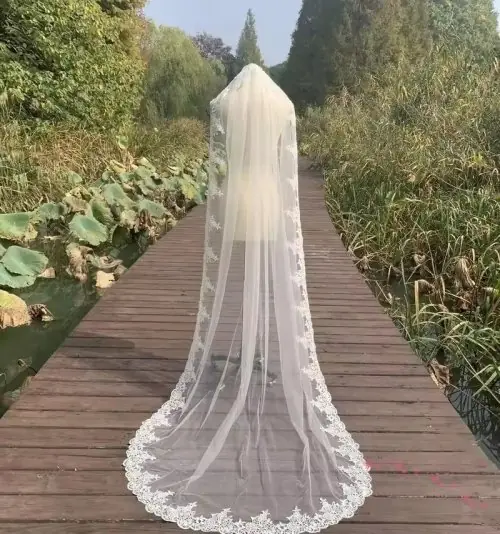 Image de Voile de Mariée Long Blanc Ivoire avec Dentelle