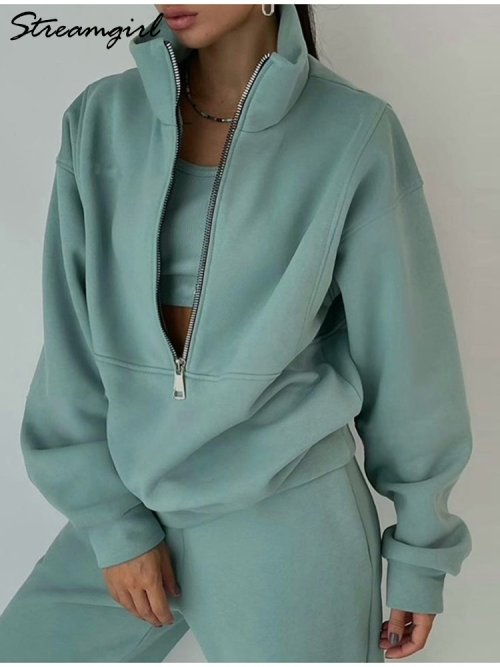 Immagine di Abito in pile caldo grigio per donna Pantaloni in velluto spesso invernale Set Pantaloni sportivi Felpa da donna Warrn Tuta da donna Set da due pezzi