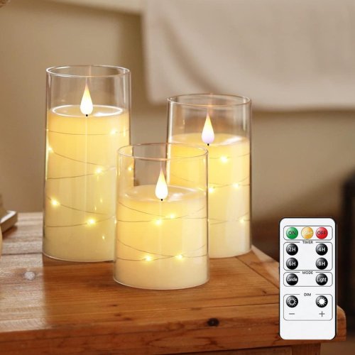 Bild von Flammenlose LED-Kerzen mit eingebauter Sternenkette – Batteriebetrieben, flackerndes Säulenkerzenlicht mit Fernbedienung und Timer für gemütliche Wohnkultur