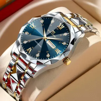 Image de Montre Homme Luxe Acier Inoxydable Diamant Bleu Or