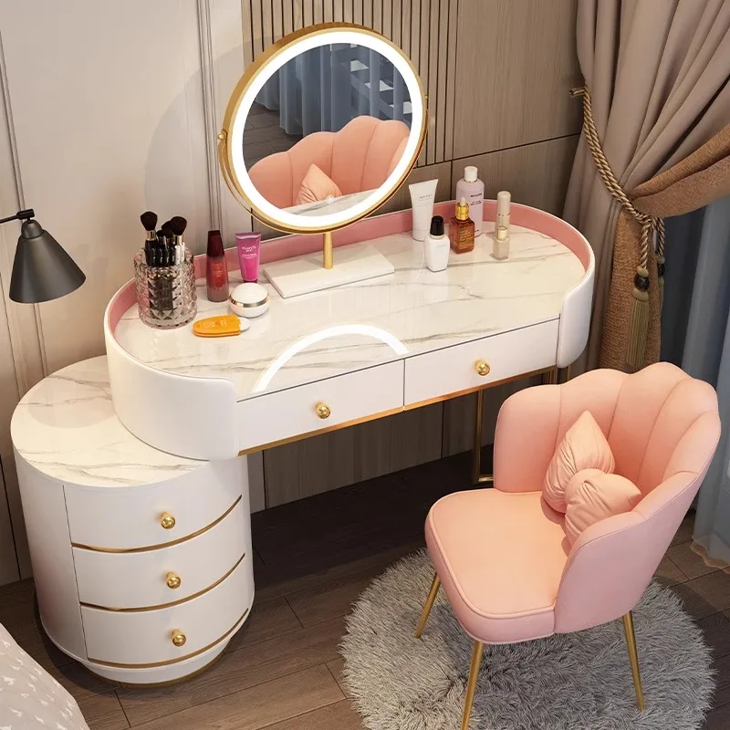 Image de Table de Vanité Luxueuse Rose & Blanc - Tabouret d'Étude Élégant