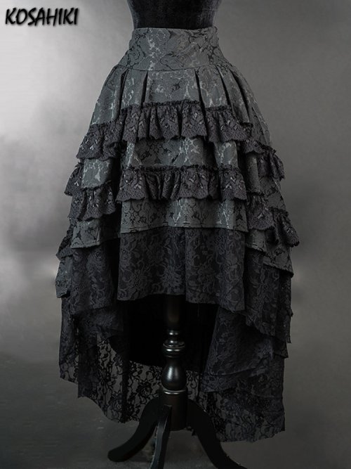 Image of Women's Harajuku Black Printed Lace Patchwork Skirt – Vintage Gothic Streetwear Y2K Aesthetic Grunge Fashion