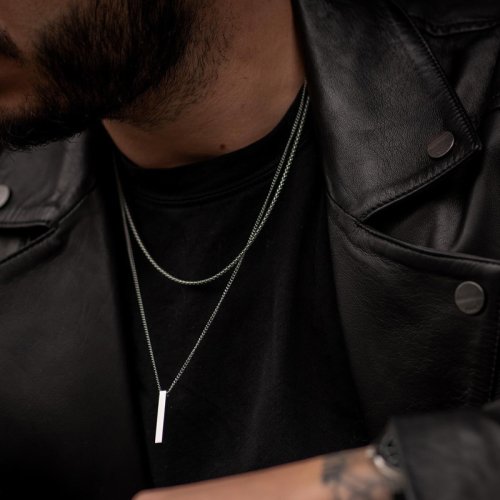Image of Stainless Steel Geometric Vertical Bar Necklace for Men with Layered Wheat Rope and Cuban Chain – Modern Boy Collar Jewelry