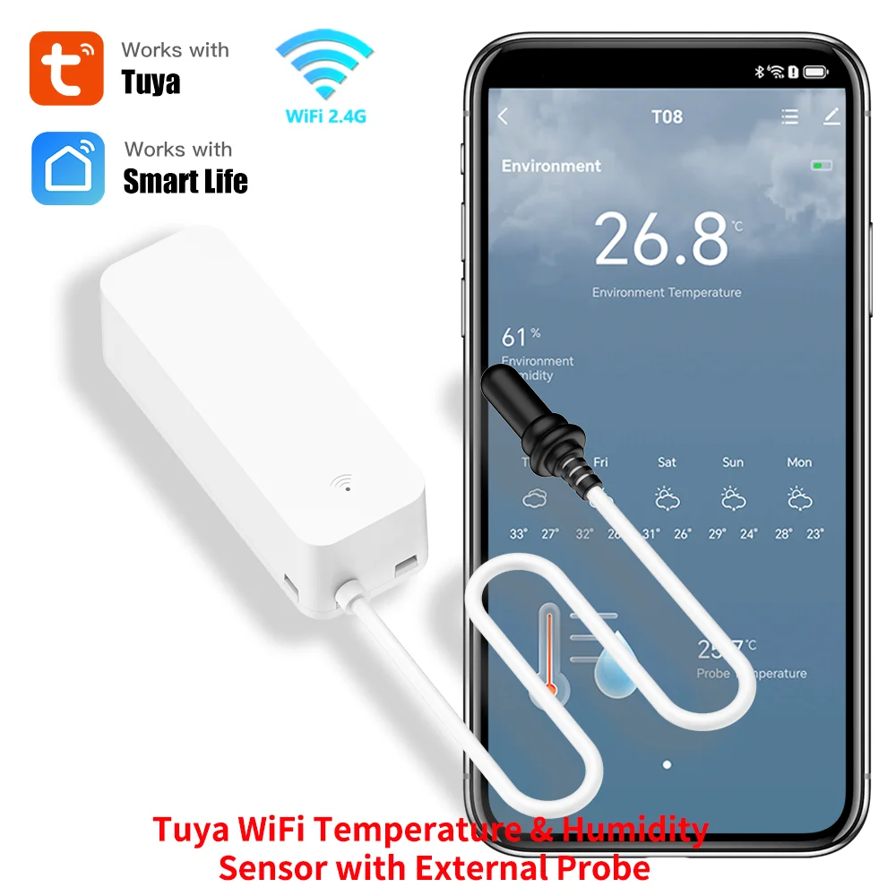 Immagine di Sensore Wi-Fi Tuya con Sonda Esterna per Umidità e Temperatura
