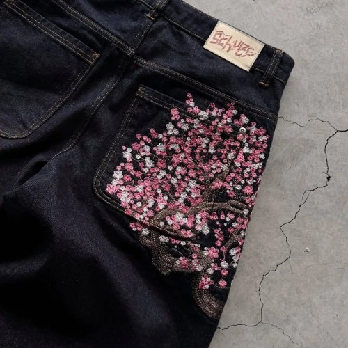 Imagen de Pantalones Vaqueros Y2K con Bordado de Flor de Cerezo