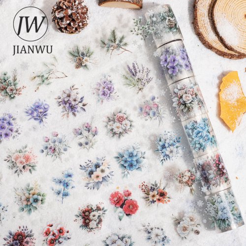 Immagine di Nastro decorativo vintage da 50 mm x 200 cm con motivo inverno, fiore, campo e fiocco di neve – Collage artistico per ufficio e scuola