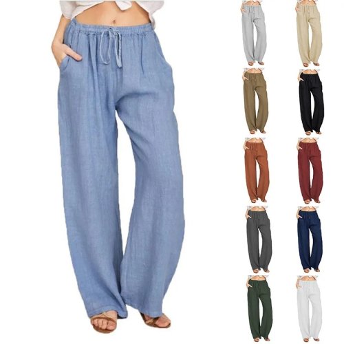 Imagen de Pantalones de Lino y Algodón para Mujer - Modelo Recto Informal, Holgado, Cintura Elástica y Bolsillos, Pierna Ancha, Tallas Grandes, Ropa de Calle