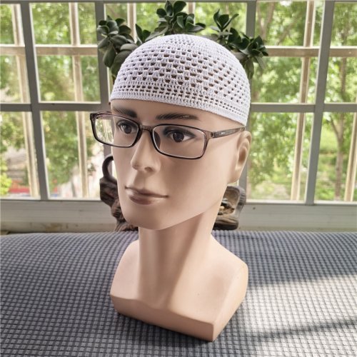 Zdjęcie Nowa, letnia, biała, czysta, ręcznie robiona czapka modlitewna z haczykiem – muzułmańska czapka z dzianiny, kufi, szydełkowa, islamska czapka do modlitwy, idealna na Ramadan