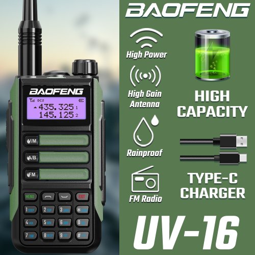 Image of BAOFENG UV-16 Walkie Talkie Tri-Band 10 KM Powerful Waterproof VHF/UHF CB Ham Dual Band Professional Two Way Radio USB-C Charger