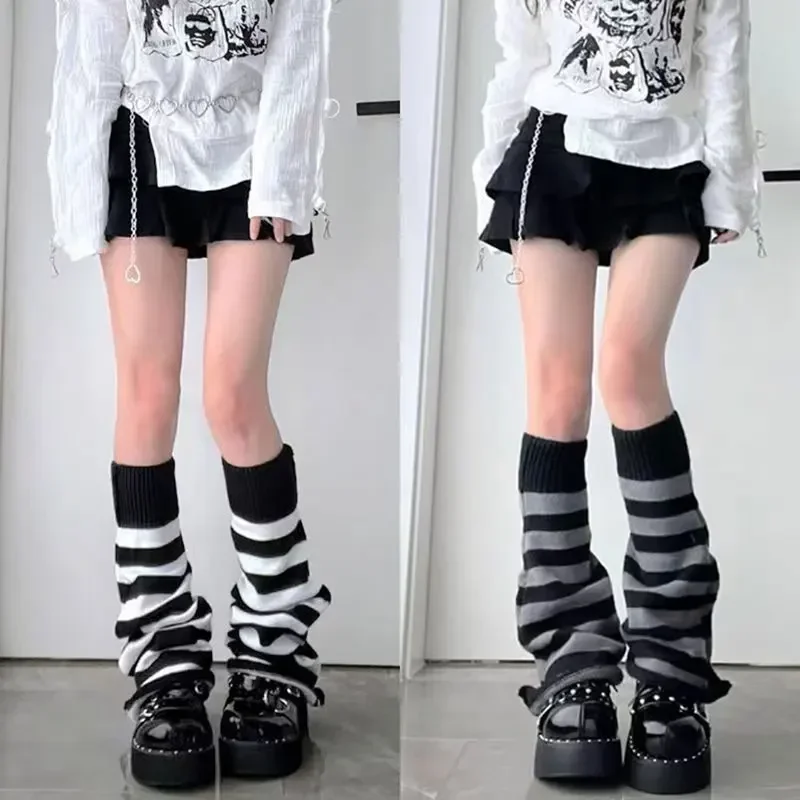 Image of Cozy Striped Knitted Leg Warmers for Women – Kawaii Lolita Style Long Socks, Japanese Winter Ankle Warmers & Arm Warmers for Girls