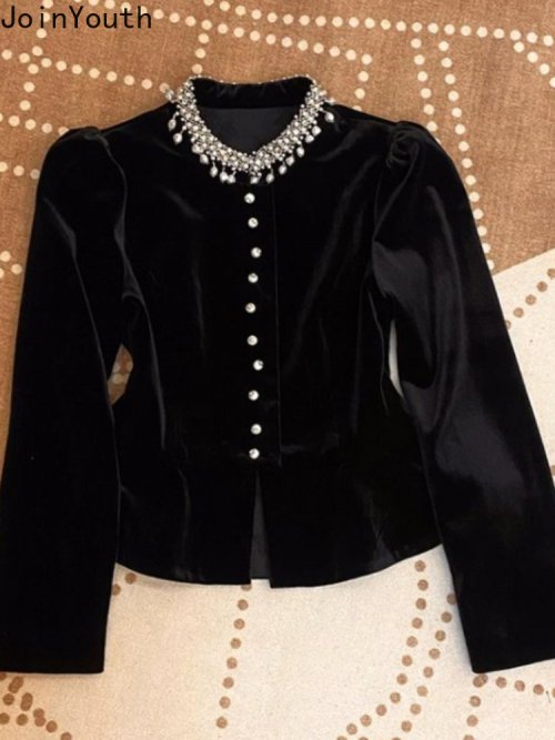 Zdjęcie Bluzki dla kobiet Czarne koszule z bufiastymi rękawami z dekoltem w szpic 2025 Blusas Mujer De Moda Slim Fit Velvet Vintage Blouse Tops