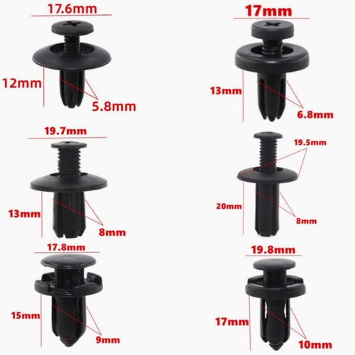 Afbeelding van 20 stuks zwarte plastic bevestigingsclips voor auto bumper en spatbord, geschikt voor gaten van 6mm, 7mm, 8mm, 9mm en 10mm