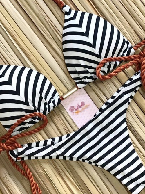 Image of Elegant Striped Knotted Bikini Set for Women – Sexy Thong Swimwear with Bandage Design, Brazilian Micro Biquinis for Beach & Pool