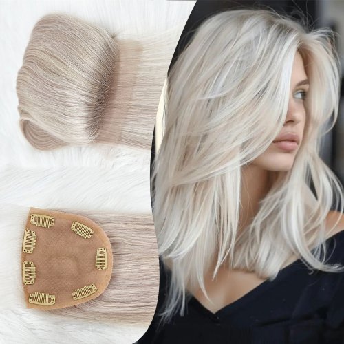 Afbeelding van Echte Haar Topper 5x5 met Zijden Basis – Platinablonde Steile Remy Haar, Transparante Kant & Natuurlijke Haarlijn
