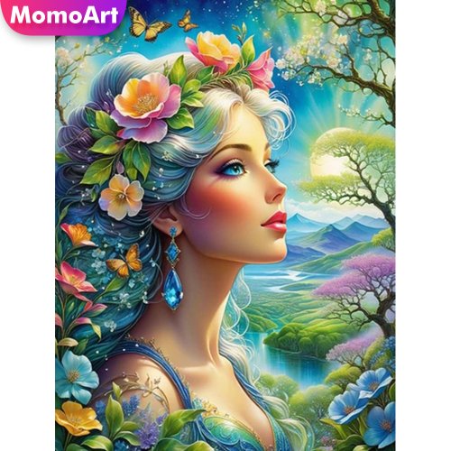 Image of Elegant Diamond Painting Kit Featuring a Charming Woman Portrait with Floral Mosaic Design – Full Square Round Canvas for Creative Needlework and Wall Art Decoration