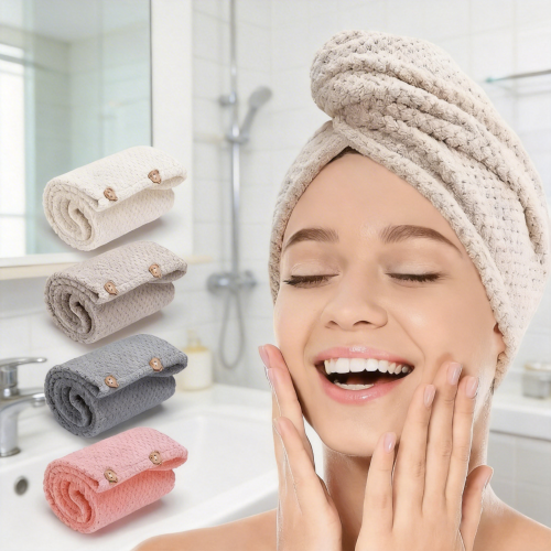 Bild von Einfarbiges Haarhandtuch mit strukturierter Kappe – Saugfähiger Haartuchwickel für Frauen, 9,8 x 25,5 cm, mit Knopfleiste für schnelles und schonendes Trocknen