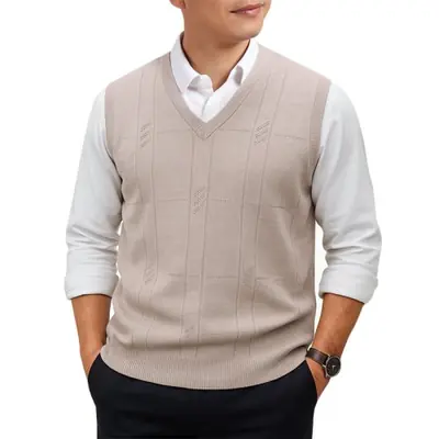 Image de Pull Sans Manches Homme Col V Tricot Torsadé