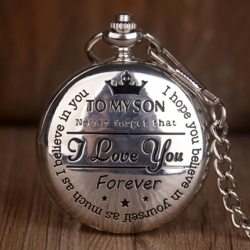Image of Vintage Silver 'To My Son' Quartz Pocket Watch with Luxury Necklace Chain – Elegant Gift for Men, Women, and Boys