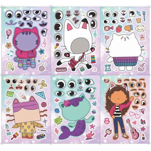 Imagen de Juego DIY de Pegatinas para Hacer una Cara: 6 Hojas con 12 Diseños de Casa de Muñecas Gabby, Rompecabezas Educativo para Niños, Juguetes Creativos y Divertidos