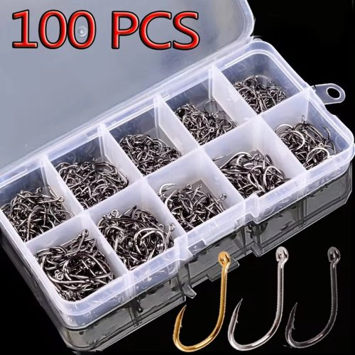 Image of Premium 100-Piece Carbon Steel Fishing Hook Set – Single Circle Barbed Hooks for Fly, Carp, and Sea Fishing Tackle Accessories