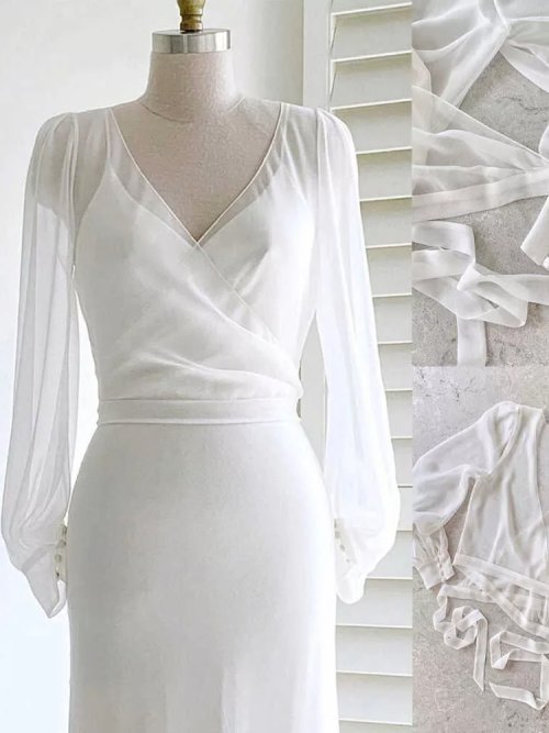 Imagen de Chaqueta nupcial de gasa para boda, abrigo de manga larga, elegante con cordones, cuello en V, botón con lazo personalizado