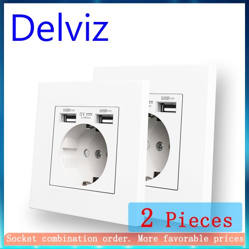 Delviz Dual USB Charging Outlet with AC 110-250V Power Jack, White PC Material Panel, 2A USB Interface, 16A EU Standard Wall Socket