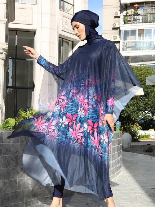 Imagen de Conjunto de traje de baño burkini para mujer con cobertura completa, traje islámico musulmán con top de cuerpo entero, pantalones y hijab incluido