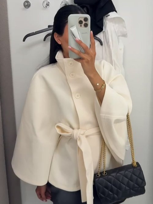 Image of Vintage Women's Stand Collar Poncho Coat with Belt & Lace-Up Detail