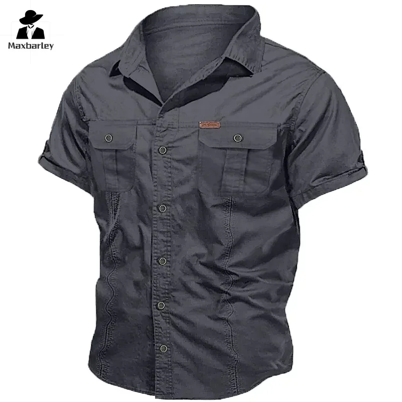 Bild von Herren Arbeits-Hemd Casual Retro 100% Baumwolle Kurzarm – Flying Cargo Shirt für Männer, Sommer, Angeln, Jagd, Multi-Pocket Hemd 2025