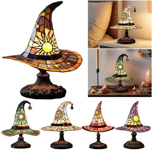 Imagen de Lámpara de Sombrero de Bruja con Vidrieras, Adorno LED de Resina para Decoración de Dormitorio y Salón, Iluminación Mágica Alimentada por USB