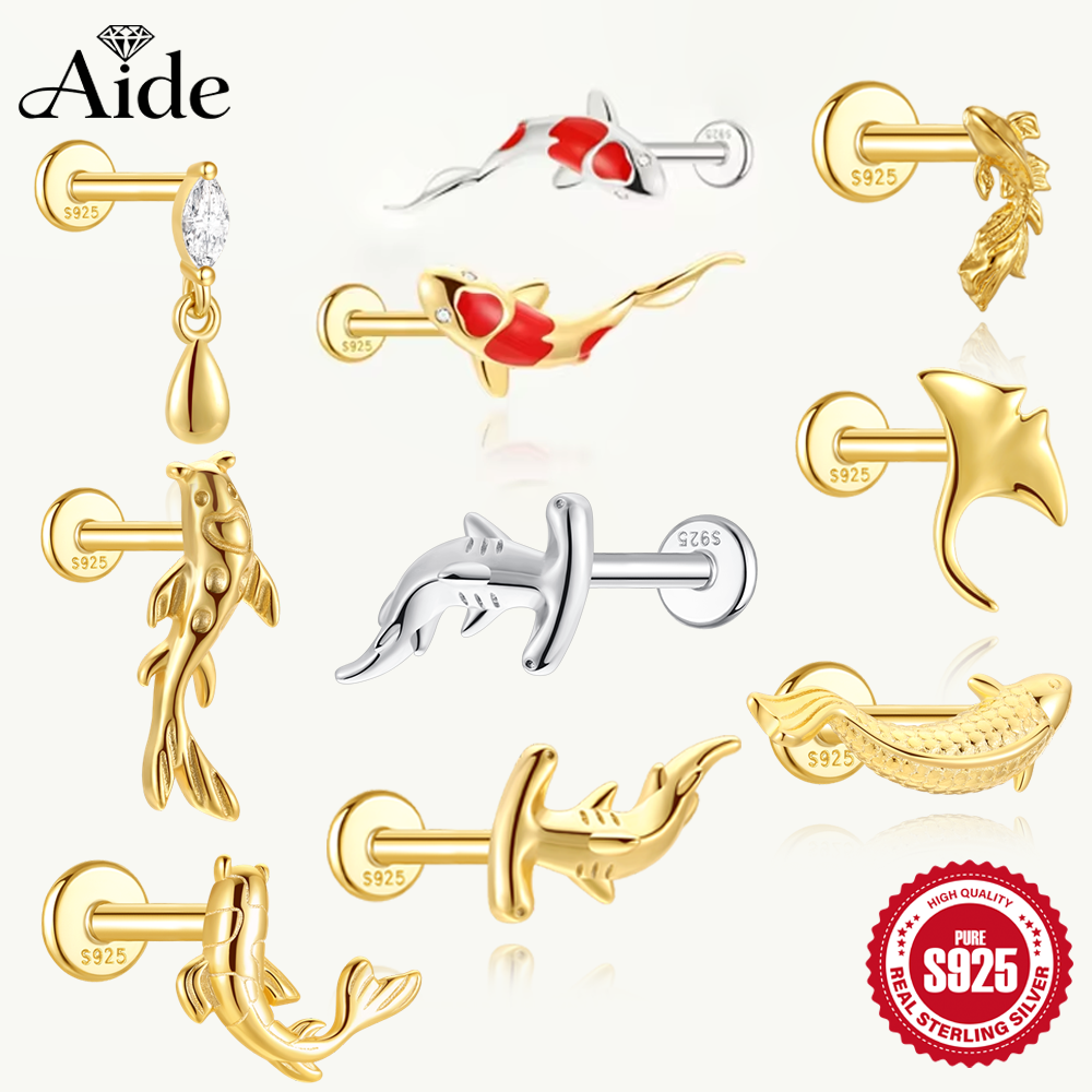 Immagine di AIDE 1PC 925 Sterling Silver Lucky Red Koi Orecchino penetrante per le donne Catena geometrica Zirco...