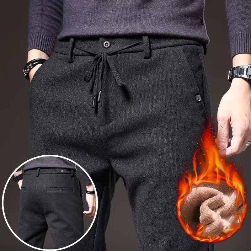 Image of Men's Autumn Winter Thermal Office Pants with Drawstring Waist, Straight Narrow Leg Design, Thick Fleece Lined Casual Trousers for Comfort and Style