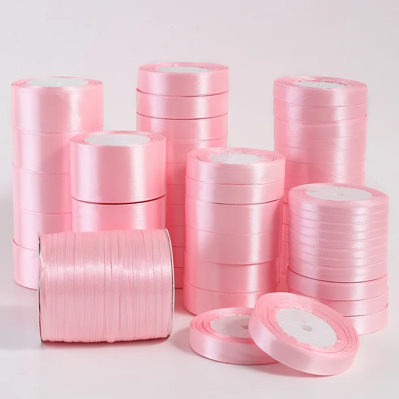 Imagen de Rollo de 25 yardas de cinta de satén rosa de seda en múltiples anchos para manualidades, decoración de bodas y fiestas