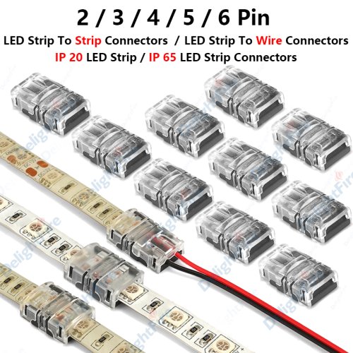 Immagine di Connettore LED senza saldatura per strisce LED RGB e RGBW, 2 pin, compatibile con SMD 5050 e WS2812B, set da 6, 5, 4 o 3 pezzi per collegamento rapido e sicuro