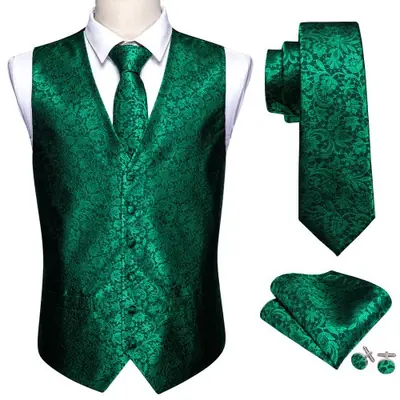 Image de Gilet Homme Élégant Vert Paisley - Tenue Formelle Slim Fit
