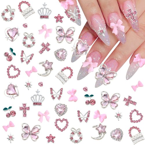 Immagine di Set di 50-58 Pezzi Misti in Rosa Cristallo, Farfalle, Arcobaleno Y2K – Pendenti 3D in Lega di Argento per Nail Art Fai Da Te, Decorazioni per Unghie Dolci e Eleganti