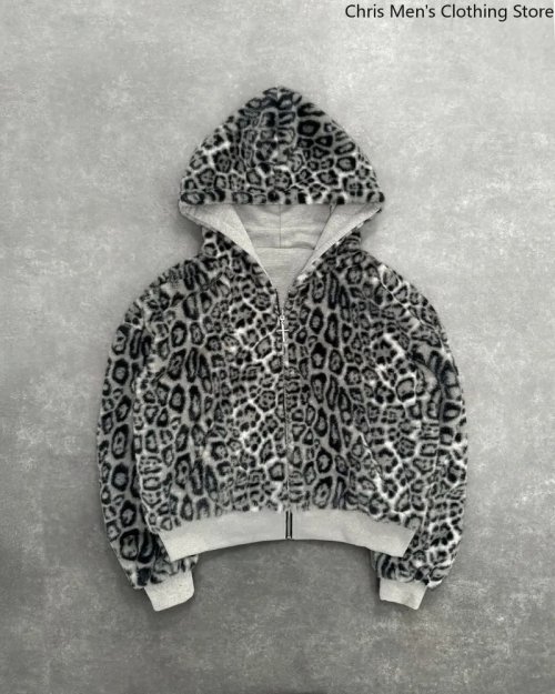Immagine di Felpa con Cappuccio Unisex Stile Harajuku Retro con Stampa Leopardata, Design Fronte-Retro, Cerniera, Taglio Allentato per Look Streetwear Hip Hop