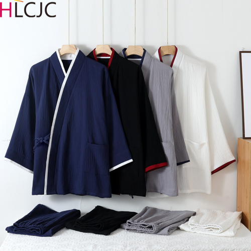 Image of Spring Autumn Japanese Color Blocked Cotton Crepe Kimono Mens Pajamas Set Thin Lace-Up Top + Pants Loose Two-piece Male Homewear