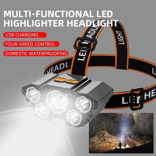Immagine di Torcia LED da Testa Ultra Luminosa con 5 Teste, Impermeabile, Ricaricabile via USB, Ideale per Pesca e Attività all'Aperto