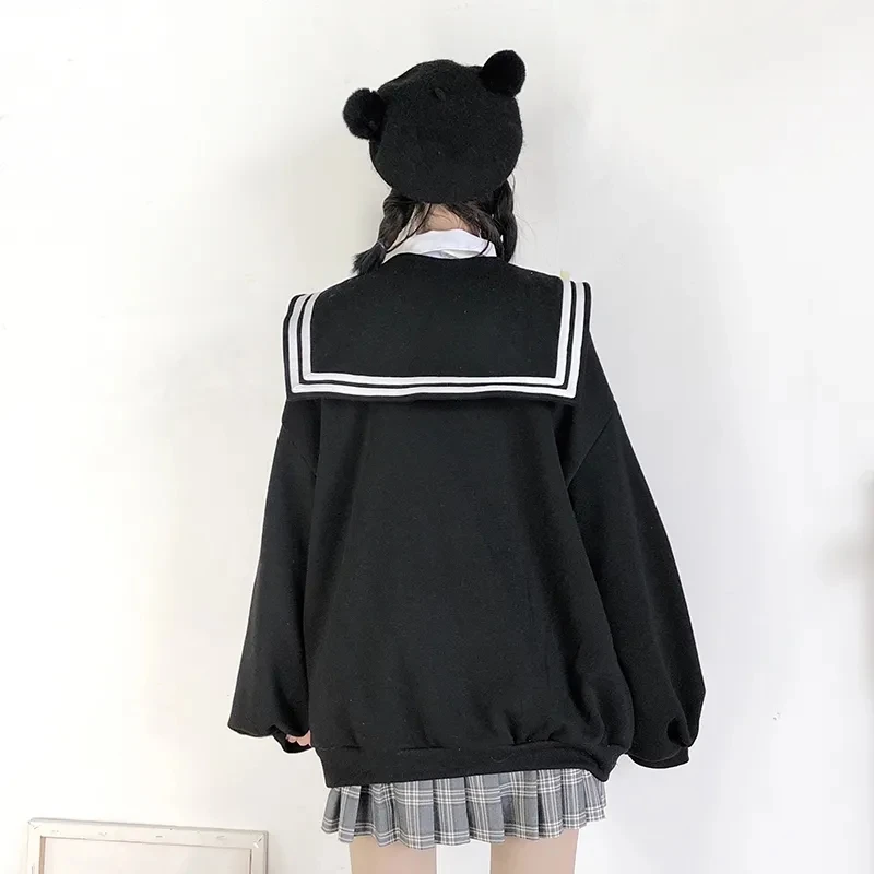 Bild von Kawaii Zip-Hoodie Schwarz – Süßer Matrosenkragen für Mädchen