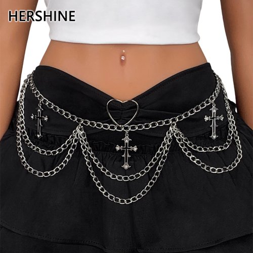 Immagine di Catena in Vita a Tre Strati in Argento con Design Incrociato - Accessorio Fashion Hip Hop, Rock, Punk, Gotico, Y2K e Harajuku per Donna
