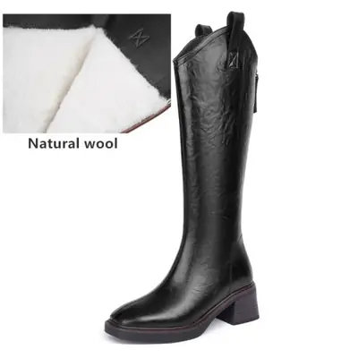 Image de Bottes longues en cuir pour femmes, hiver 2026, laine naturelle