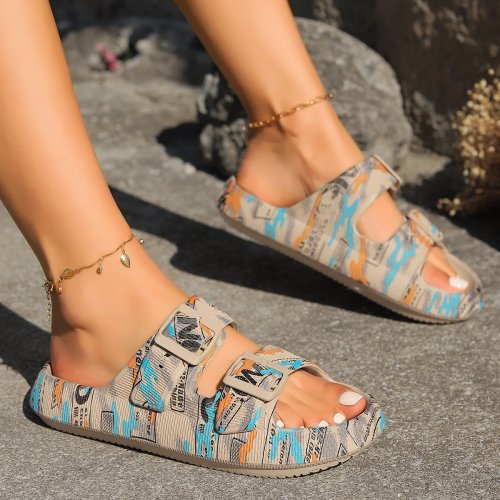 Image of Comfortable Women's Summer Beach Slippers with Adjustable Double Buckle Design – Soft Printing Sandals for Vacation, Travel, and Home Use