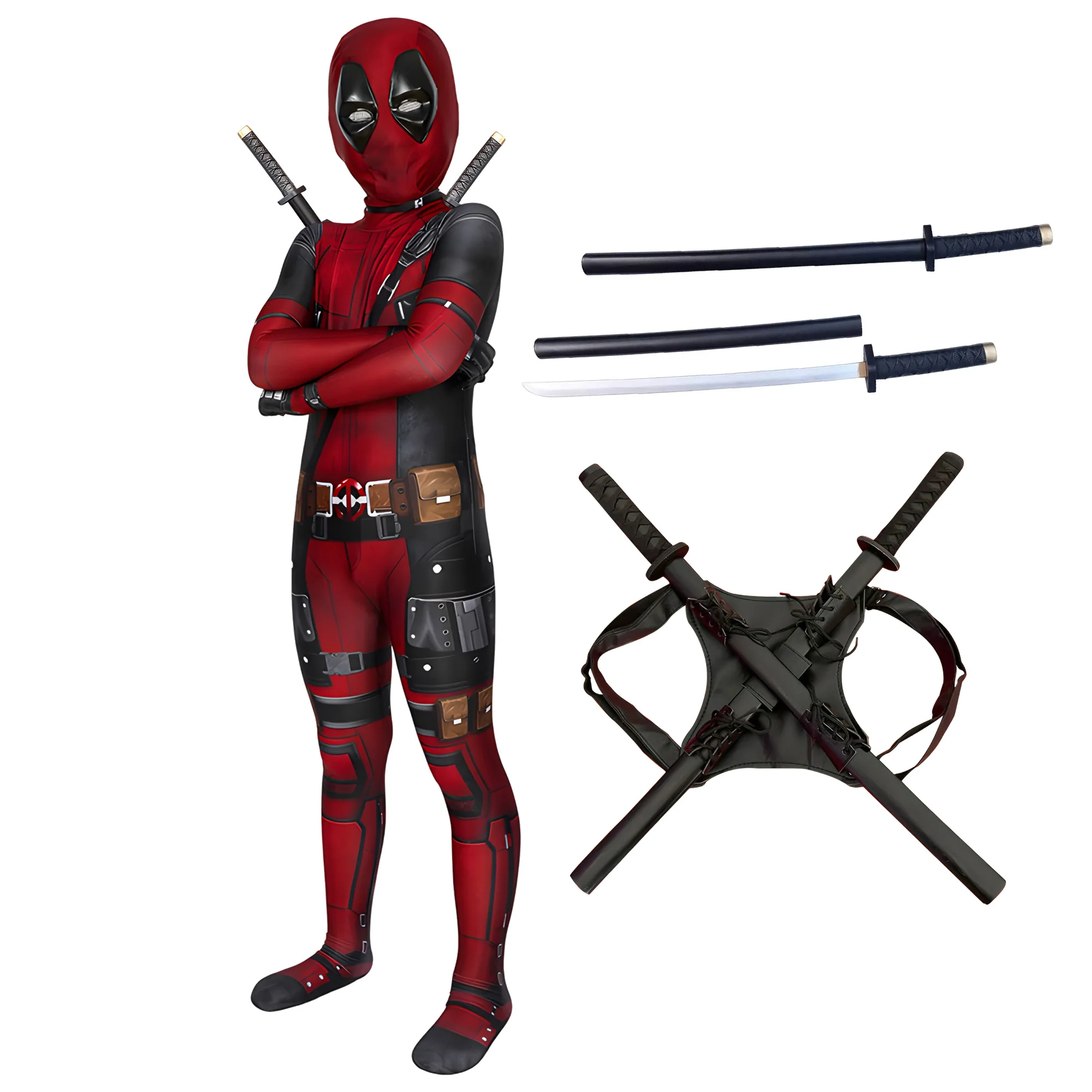 Zdjęcie Kostium Deadpool dla dzieci – oficjalny strój bohatera z mieczami, idealny na Halloween i cosplay